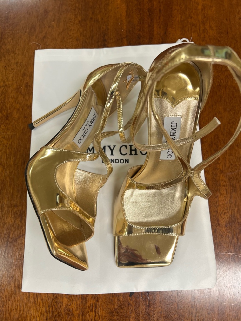 Jimmy Choo Azia Metallic Gold Strappy Stiletto Sandals new size 39 $99 obo